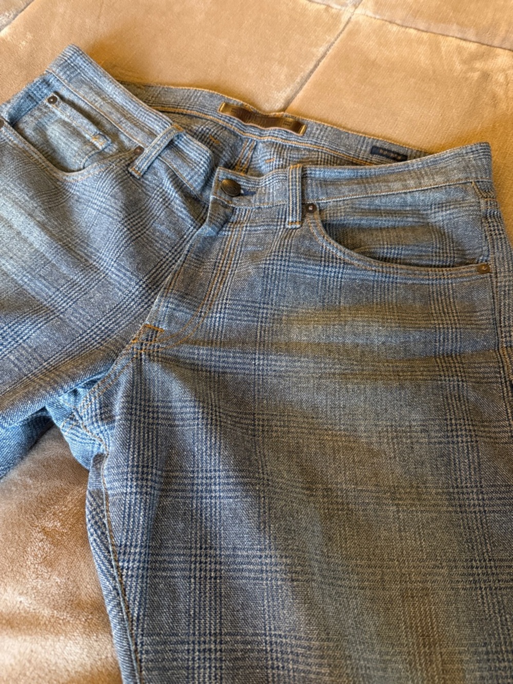 Agave Rocker Brown Leather Patch on Indigo Glen Plaid Denim